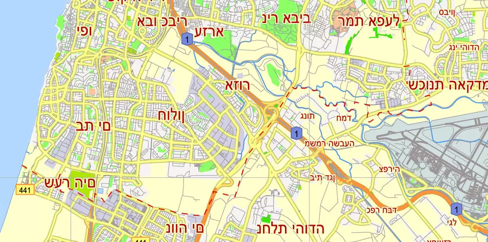 Printable Map Tel Aviv Yafo, Israel, printable HEBREW vector map Adobe Illustrator editable G-View Level 12 (5 km scale), full vector, scalable, editable, hebrew curves format names, 4 mb ZIP