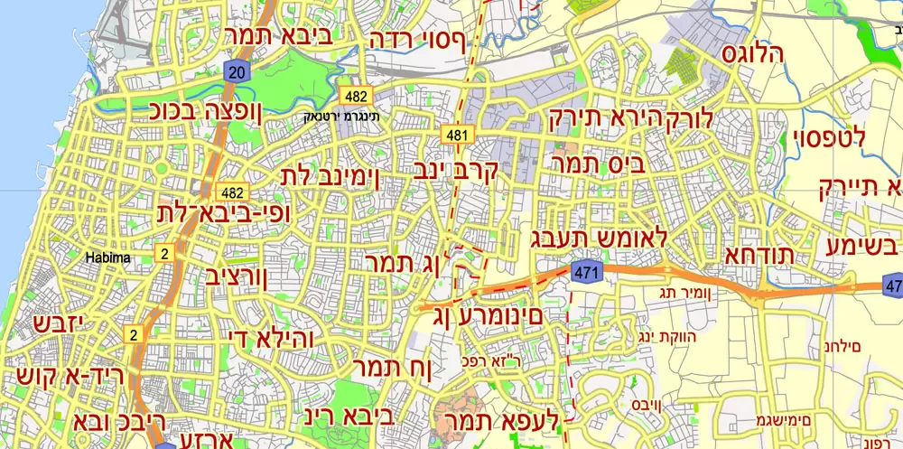 Printable Map Tel Aviv Yafo, Israel, printable HEBREW vector map Adobe Illustrator editable G-View Level 12 (5 km scale), full vector, scalable, editable, hebrew curves format names, 4 mb ZIP