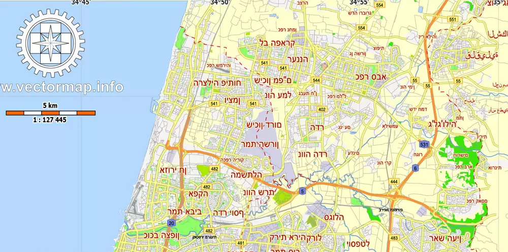 Printable Map Tel Aviv Yafo, Israel, printable HEBREW vector map Adobe Illustrator editable G-View Level 12 (5 km scale), full vector, scalable, editable, hebrew curves format names, 4 mb ZIP