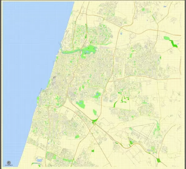 Printable Map Tel Aviv Yafo, Israel, English vector map Adobe Illustrator editable G-View Level 17 (100 meters scale), full vector, scalable, editable, text format street names, 6 mb ZIP