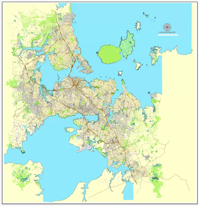 Printable Map of Auckland, New Zealand, exact vector street City Plan map, fully editable, Adobe Illustrator, full vector, scalable, editable, text format street names, 21 Mb ZIP