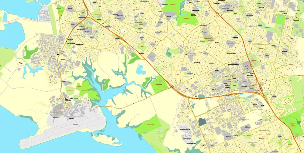 Printable Map of Auckland, New Zealand, exact vector street City Plan map, fully editable, Adobe Illustrator, full vector, scalable, editable, text format street names, 21 Mb ZIP