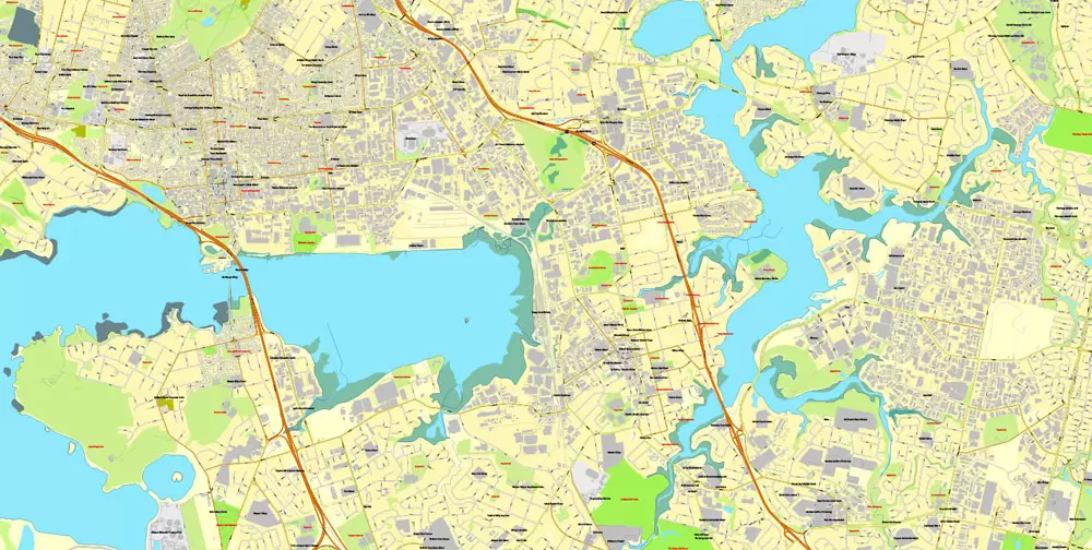 Printable Map of Auckland, New Zealand, exact vector street City Plan map, fully editable, Adobe Illustrator, full vector, scalable, editable, text format street names, 21 Mb ZIP