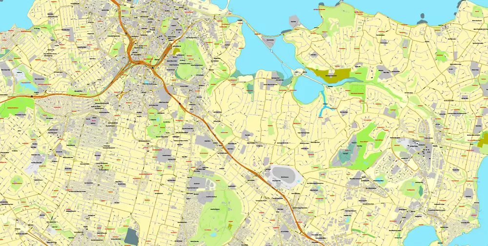 Printable Map of Auckland, New Zealand, exact vector street City Plan map, fully editable, Adobe Illustrator, full vector, scalable, editable, text format street names, 21 Mb ZIP