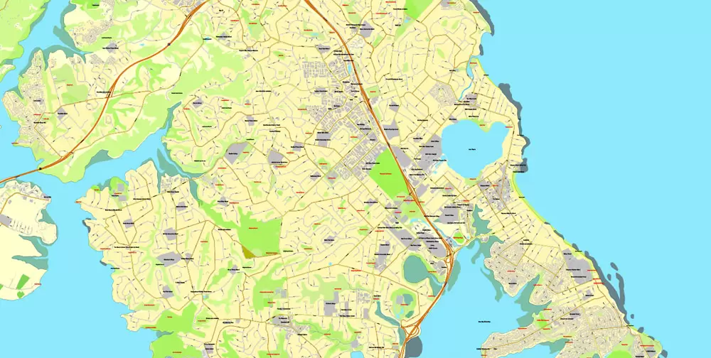 Printable Map of Auckland, New Zealand, exact vector street City Plan map, fully editable, Adobe Illustrator, full vector, scalable, editable, text format street names, 21 Mb ZIP