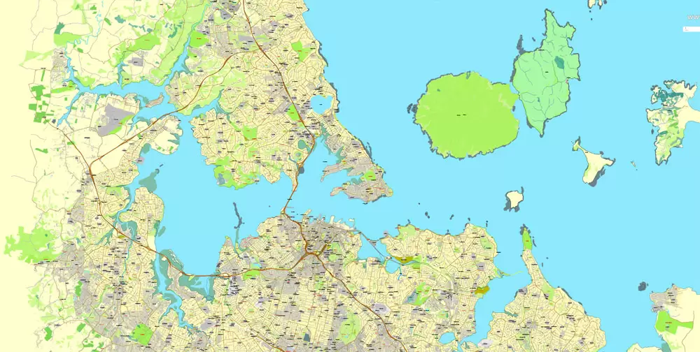 Printable Map of Auckland, New Zealand, exact vector street City Plan map, fully editable, Adobe Illustrator, full vector, scalable, editable, text format street names, 21 Mb ZIP