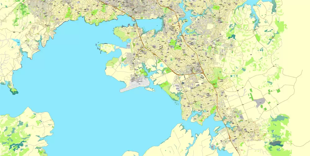 Printable Map of Auckland, New Zealand, exact vector street City Plan map, fully editable, Adobe Illustrator, full vector, scalable, editable, text format street names, 21 Mb ZIP