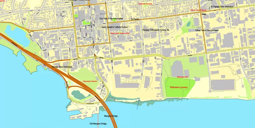 Printable Map of Auckland, New Zealand, exact vector street City Plan map, fully editable, Adobe Illustrator, full vector, scalable, editable, text format street names, 21 Mb ZIP