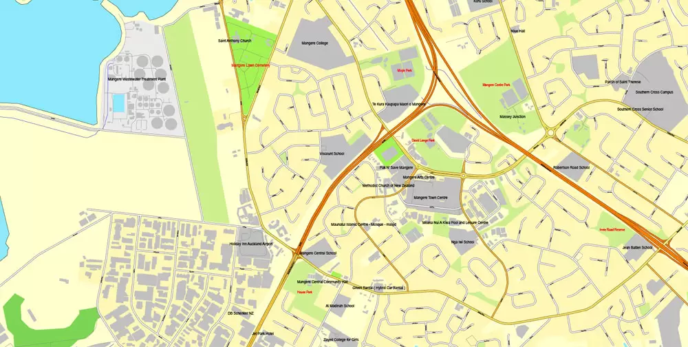 Printable Map of Auckland, New Zealand, exact vector street City Plan map, fully editable, Adobe Illustrator, full vector, scalable, editable, text format street names, 21 Mb ZIP