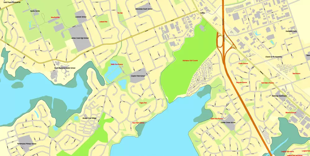 Printable Map of Auckland, New Zealand, exact vector street City Plan map, fully editable, Adobe Illustrator, full vector, scalable, editable, text format street names, 21 Mb ZIP