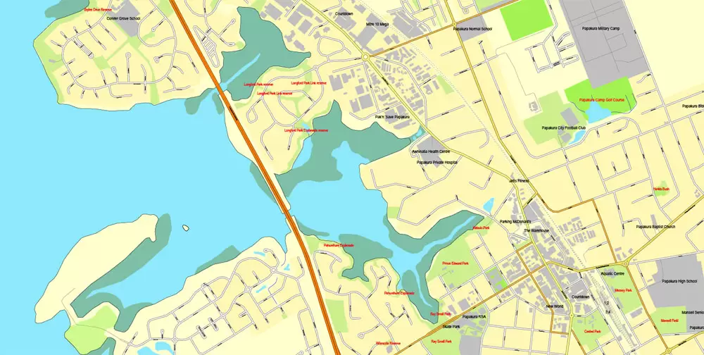 Printable Map of Auckland, New Zealand, exact vector street City Plan map, fully editable, Adobe Illustrator, full vector, scalable, editable, text format street names, 21 Mb ZIP