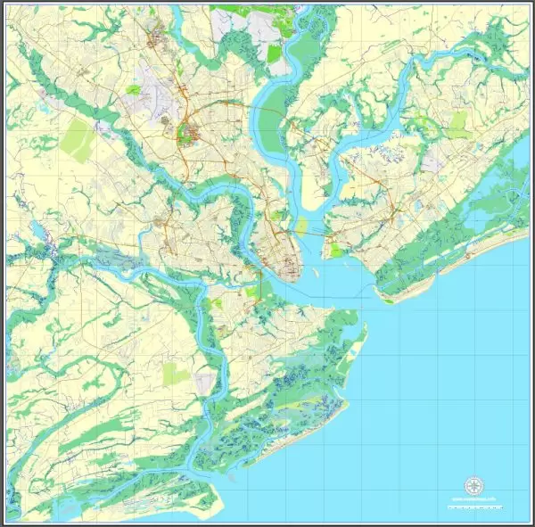 Printable Charleston, South Carolina, US printable vector street City Plan map, full editable, Adobe Illustrator, V3.10 Center, full vector, scalable, editable, text format street names, 9 Mb ZIP.