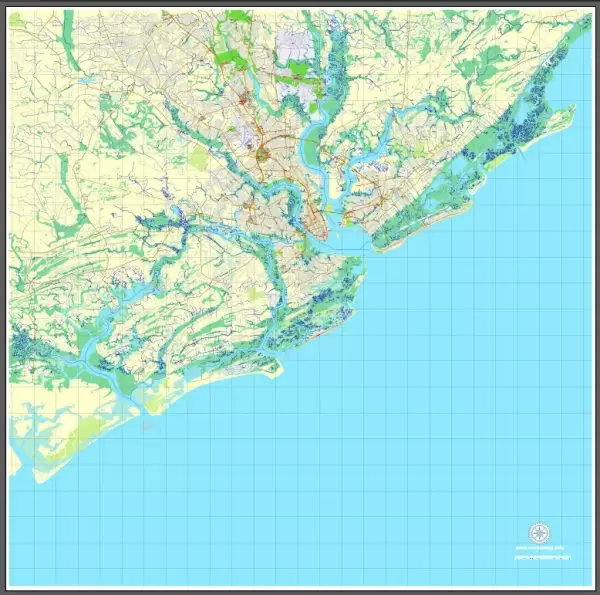 Printable Map Charleston, South Carolina, US, exact vector street City Plan map, full editable, Adobe Illustrator, V3.10 Full, full vector, scalable, editable, text format street names, 15 Mb ZIP