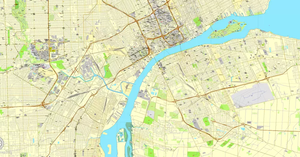Detroit Map PDF Vector Michigan US printable City Plan editable Street Map Adobe PDF V3.10