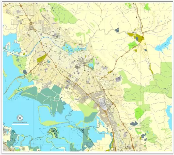 Printable Fremont map, California, US printable vector street City Plan map, fully editable in Adobe Illustrator, full vector, scalable, text format of street names, 6 mb ZIP.