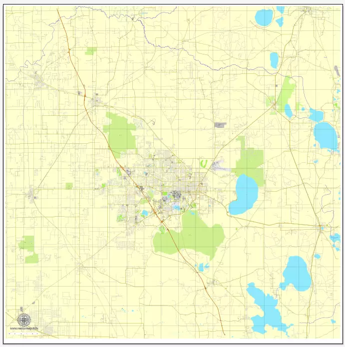 Printable Gainesville map, Florida, US printable vector street City Plan map, full editable, Adobe Illustrator, V3.10 full vector, scalable, editable, text format street names, 7 Mb ZIP.