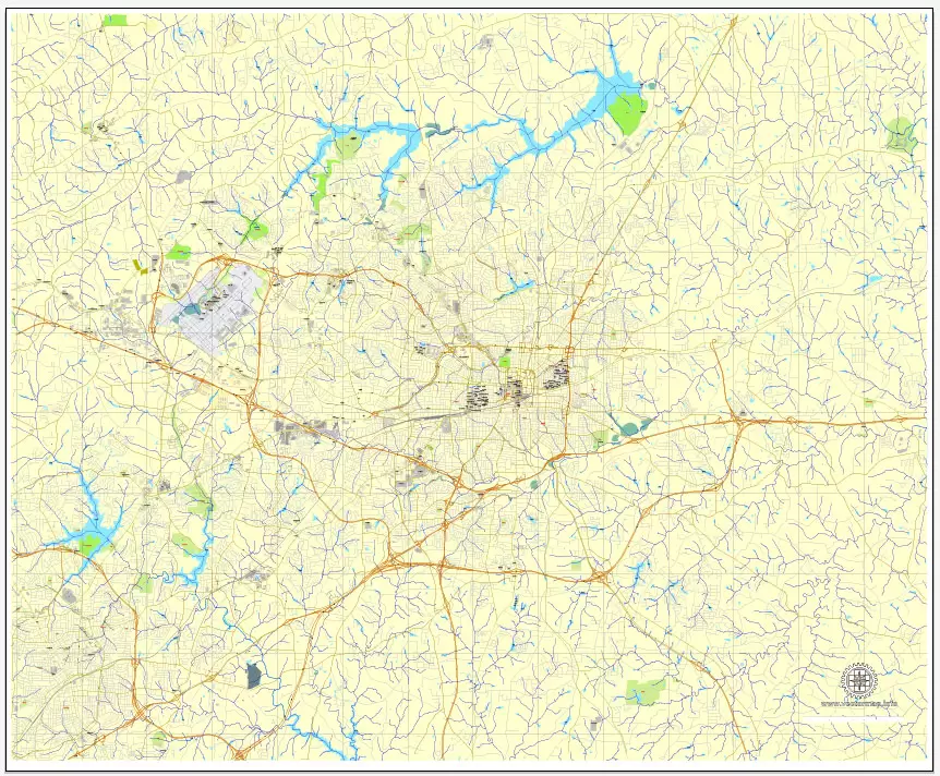 Printable Greensboro map, North Carolina, US, vector street City Plan map, fully editable, Adobe Illustrator, V3.10 full vector, scalable, editable, text format street names, 8 mb ZIP.