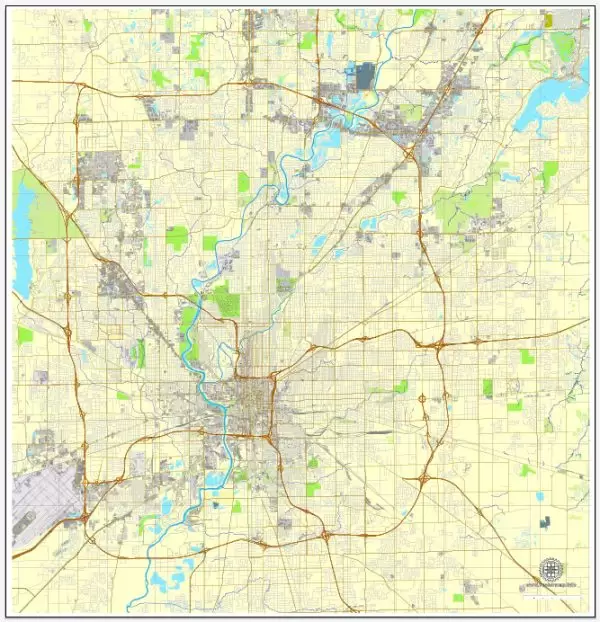 Printable map of Indianapolis, Indiana, US printable vector street City Plan map, full editable, Adobe illustrator, V3.10, full vector, scalable, editable, text format street names, 18 Mb ZIP.