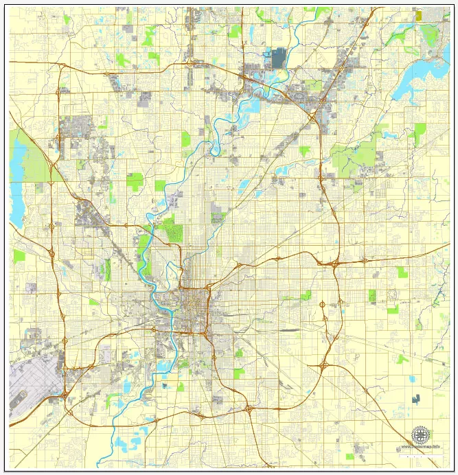 Printable map of Indianapolis, Indiana, US printable vector street City Plan map, full editable, Adobe illustrator, V3.10, full vector, scalable, editable, text format street names, 18 Mb ZIP.