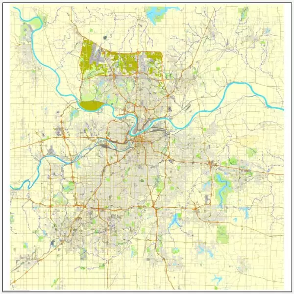 Kansas City PDF map, Missoury, US printable vector street City Plan map