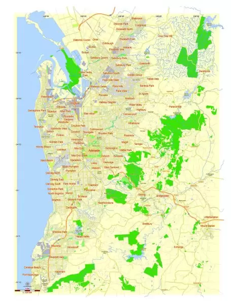 Free Printable Map Adelaide, Australia, exact vector street map, fully editable Adobe Illustrator, Adobe PDF, SVG, G-View Level 12 (5000 meters scale), full vector, scalable, editable, text format names