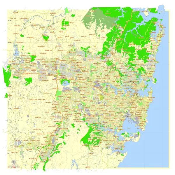 Free Printable Map Sydney, Australia, exact vector street map, fully editable Adobe Illustrator, Adobe PDF, SVG, G-View Level 12 (5000 meters scale), full vector, scalable, editable, text format names