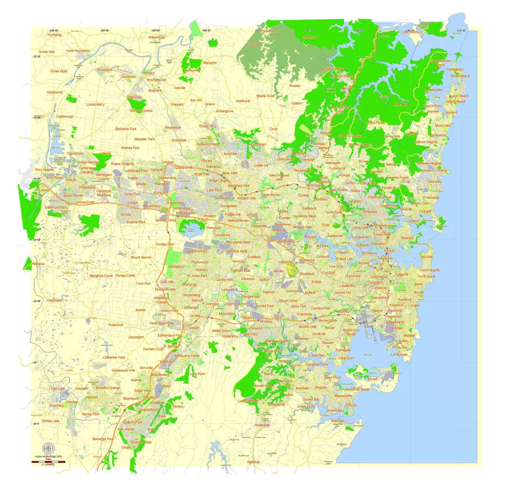 Free Printable Map Sydney, Australia, exact vector street map, fully editable Adobe Illustrator, Adobe PDF, SVG, G-View Level 12 (5000 meters scale), full vector, scalable, editable, text format names