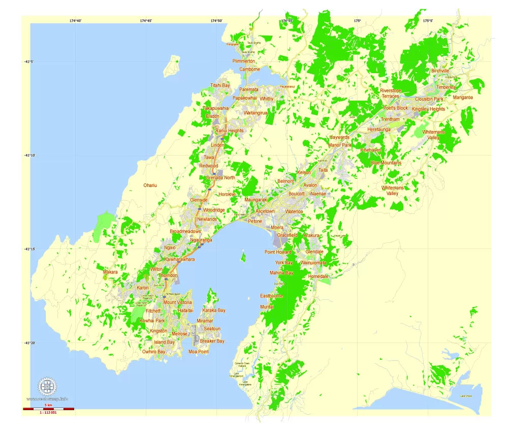 Free Printable Map Wellington, New Zealand, exact vector street map, fully editable Adobe Illustrator, Adobe PDF, SVG, G-View Level 12 (5000 meters scale), full vector, scalable, editable, text format names