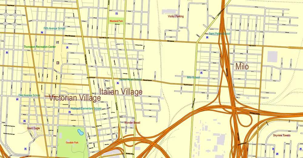 Columbus OH PDF Map exact vector City Plan V.23.11. Printable Street Map editable Adobe PDF