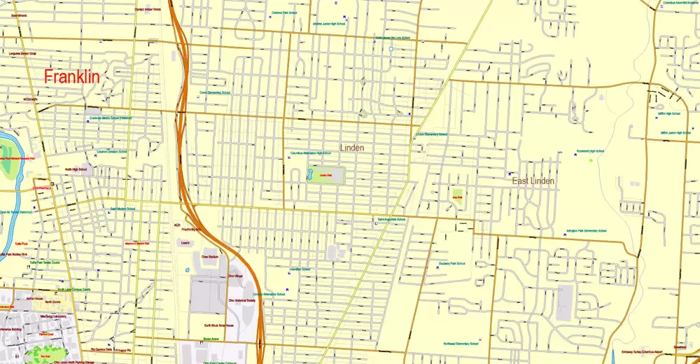 Columbus OH PDF Map exact vector City Plan V.23.11. Printable Street Map editable Adobe PDF