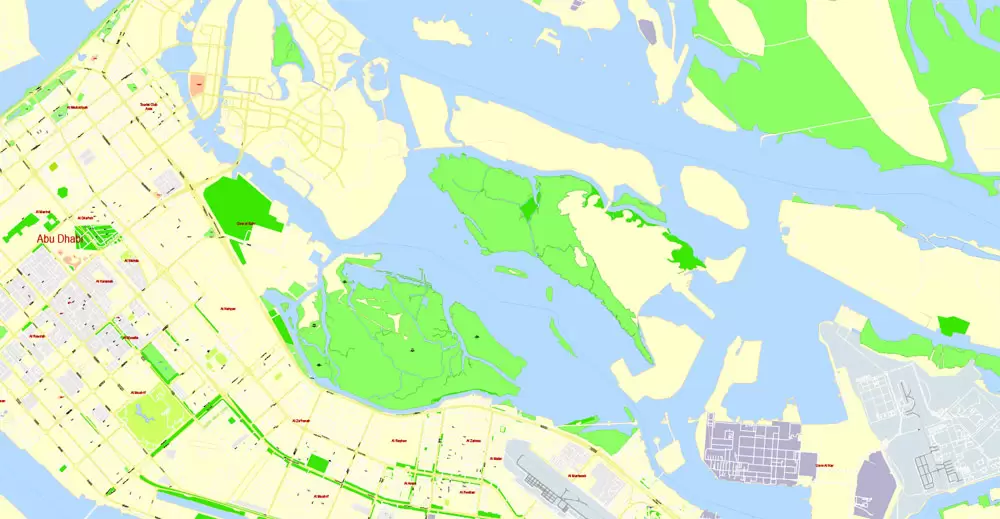 Printable Map Abu Dhabi, United Arab Emirates, exact vector street map, V17.11, fully editable, Adobe Illustrator, G-View Level 17 (100 meters scale), full vector, scalable, editable, text format of street names, 6 Mb ZIP.