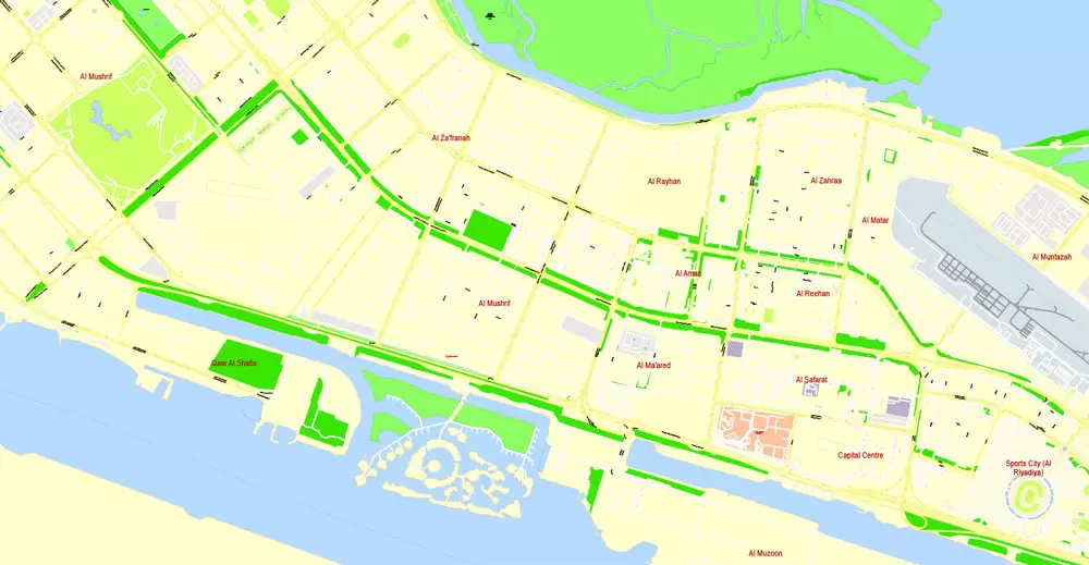 Printable Map Abu Dhabi, United Arab Emirates, exact vector street map, V17.11, fully editable, Adobe Illustrator, G-View Level 17 (100 meters scale), full vector, scalable, editable, text format of street names, 6 Mb ZIP.