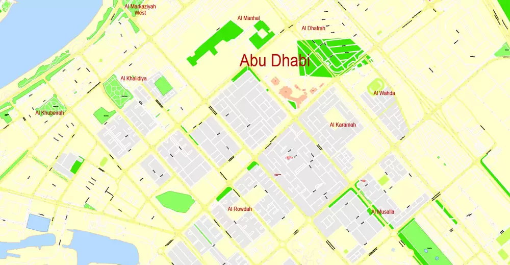 Printable Map Abu Dhabi, United Arab Emirates, exact vector street map, V17.11, fully editable, Adobe Illustrator, G-View Level 17 (100 meters scale), full vector, scalable, editable, text format of street names, 6 Mb ZIP.