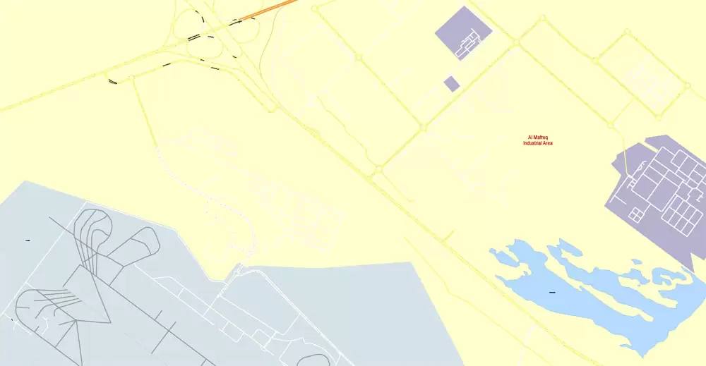 Printable Map Abu Dhabi, United Arab Emirates, exact vector street map, V17.11, fully editable, Adobe Illustrator, G-View Level 17 (100 meters scale), full vector, scalable, editable, text format of street names, 6 Mb ZIP.