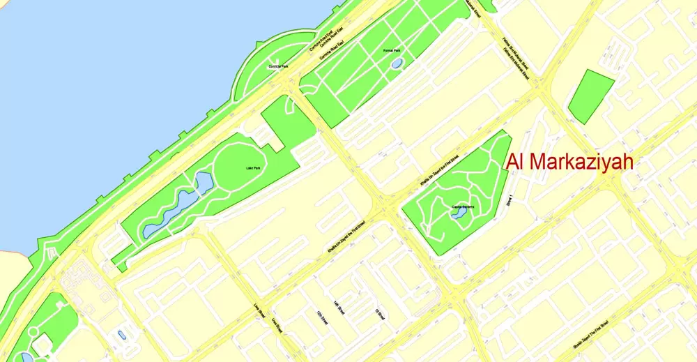 Printable Map Abu Dhabi, United Arab Emirates, exact vector street map, V17.11, fully editable, Adobe Illustrator, G-View Level 17 (100 meters scale), full vector, scalable, editable, text format of street names, 6 Mb ZIP.