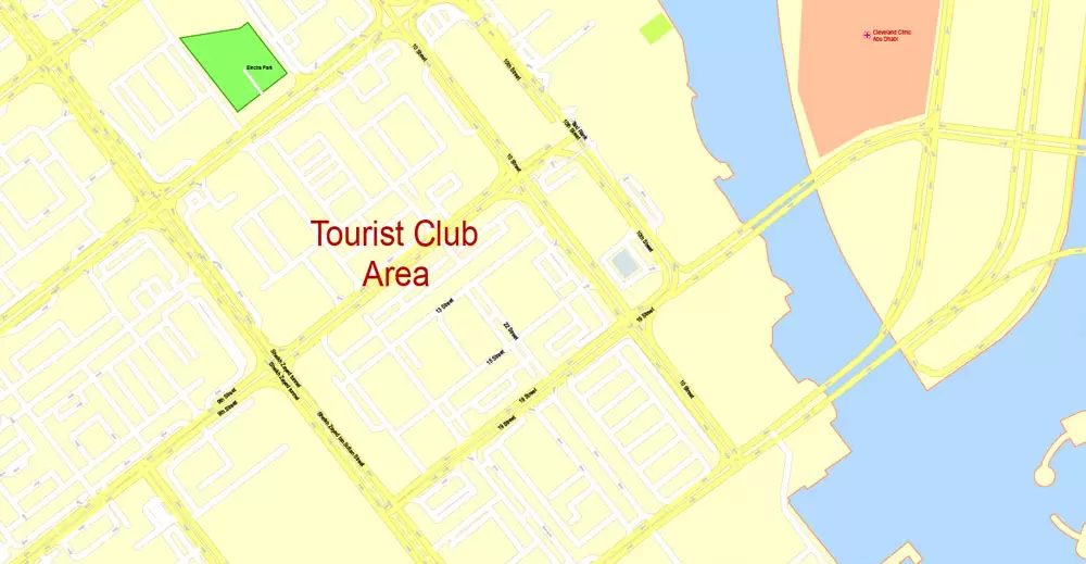 Printable Map Abu Dhabi, United Arab Emirates, exact vector street map, V17.11, fully editable, Adobe Illustrator, G-View Level 17 (100 meters scale), full vector, scalable, editable, text format of street names, 6 Mb ZIP.
