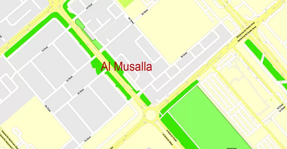 Printable Map Abu Dhabi, United Arab Emirates, exact vector street map, V17.11, fully editable, Adobe Illustrator, G-View Level 17 (100 meters scale), full vector, scalable, editable, text format of street names, 6 Mb ZIP.