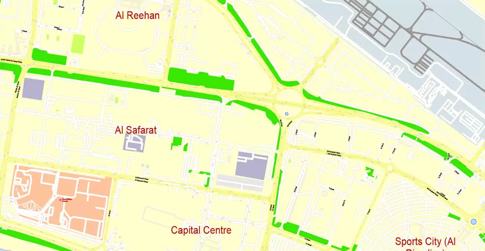 Printable Map Abu Dhabi, United Arab Emirates, exact vector street map, V17.11, fully editable, Adobe Illustrator, G-View Level 17 (100 meters scale), full vector, scalable, editable, text format of street names, 6 Mb ZIP.