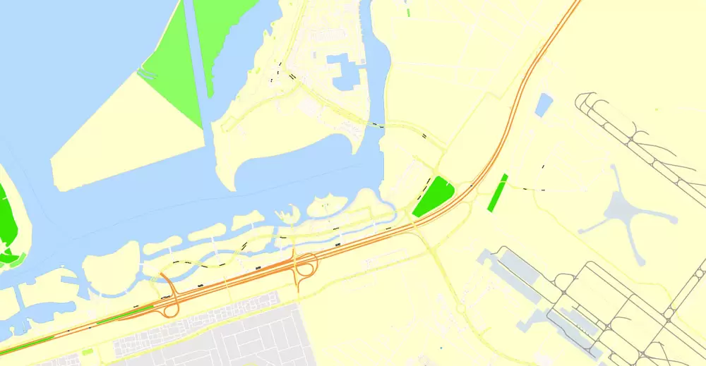 Printable Map Abu Dhabi, United Arab Emirates, exact vector street map, V17.11, fully editable, Adobe Illustrator, G-View Level 17 (100 meters scale), full vector, scalable, editable, text format of street names, 6 Mb ZIP.