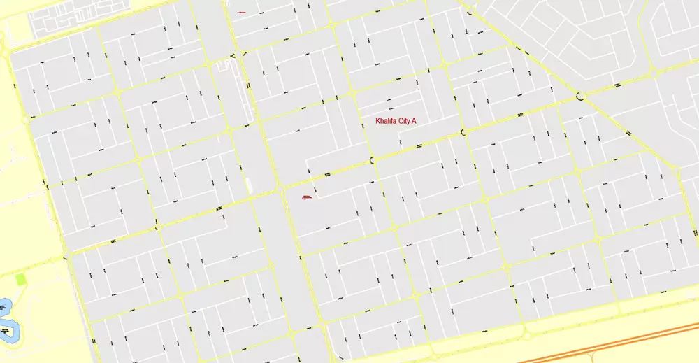 Printable Map Abu Dhabi, United Arab Emirates, exact vector street map, V17.11, fully editable, Adobe Illustrator, G-View Level 17 (100 meters scale), full vector, scalable, editable, text format of street names, 6 Mb ZIP.