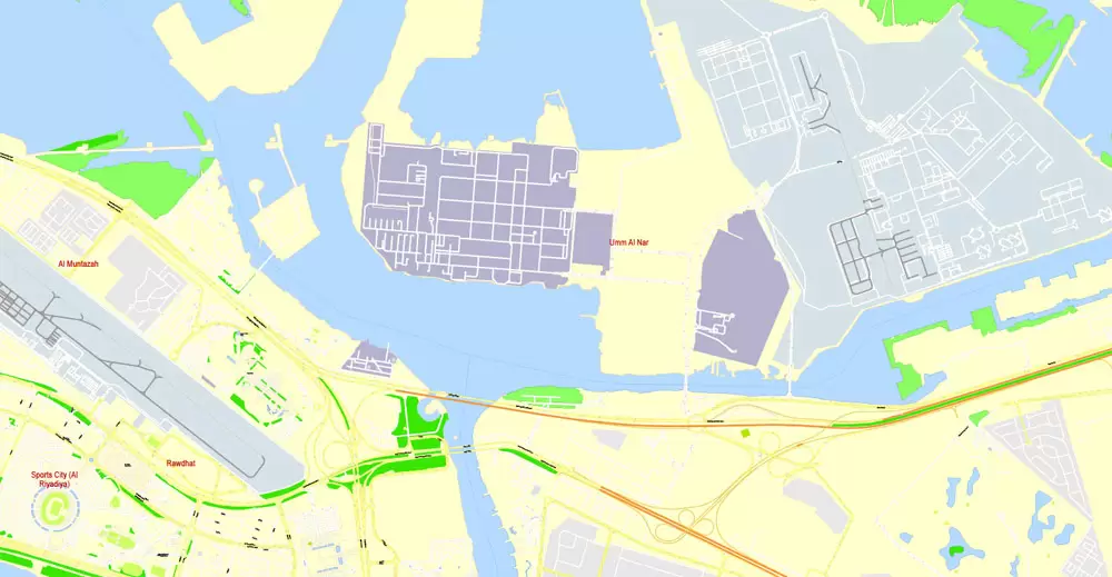 Printable Map Abu Dhabi, United Arab Emirates, exact vector street map, V17.11, fully editable, Adobe Illustrator, G-View Level 17 (100 meters scale), full vector, scalable, editable, text format of street names, 6 Mb ZIP.