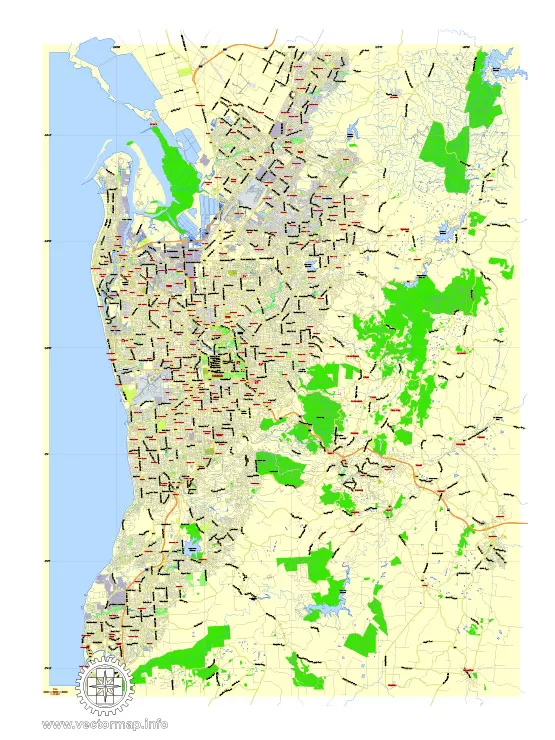 Printable Map Adelaide, Australia, exact vector street map, V27.11, fully editable, Adobe Illustrator, G-View Level 13 (2000 meters scale), full vector, scalable, editable, text format of street names, 4 Mb ZIP.