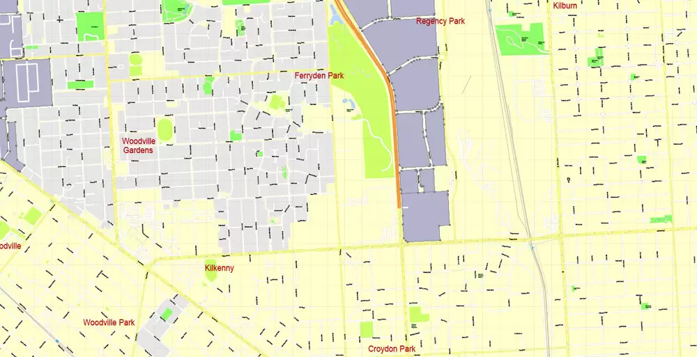 Adelaide, Australia, Printable vector street map, V3.11, fully editable, Adobe Illustrator, Level 17, G-View, full vector, scalable, editable, text format of street names, 13 Mb ZIP.