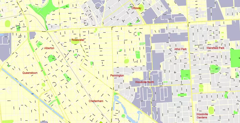 Adelaide, Australia, Printable vector street map, V3.11, fully editable, Adobe Illustrator, Level 17, G-View, full vector, scalable, editable, text format of street names, 13 Mb ZIP.
