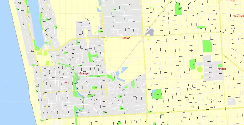 Adelaide, Australia, Printable vector street map, V3.11, fully editable, Adobe Illustrator, Level 17, G-View, full vector, scalable, editable, text format of street names, 13 Mb ZIP.