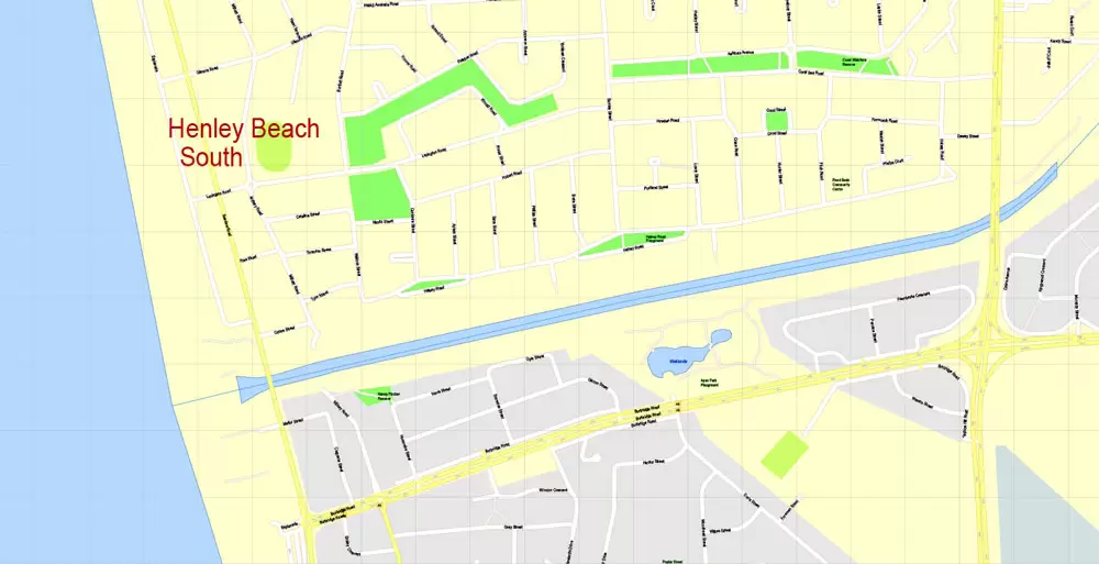 Adelaide, Australia, Printable vector street map, V3.11, fully editable, Adobe Illustrator, Level 17, G-View, full vector, scalable, editable, text format of street names, 13 Mb ZIP.