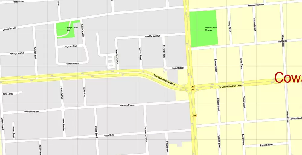 Adelaide, Australia, Printable vector street map, V3.11, fully editable, Adobe Illustrator, Level 17, G-View, full vector, scalable, editable, text format of street names, 13 Mb ZIP.
