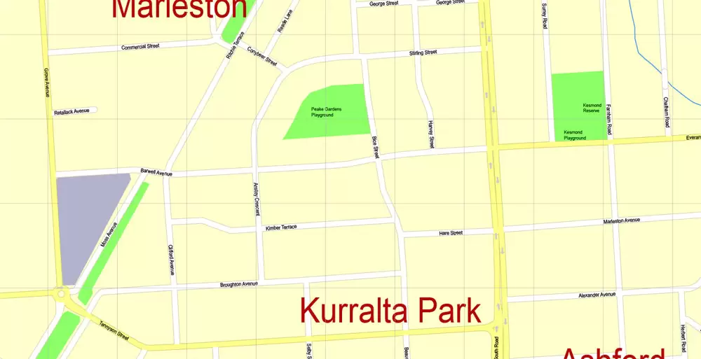 Adelaide, Australia, Printable vector street map, V3.11, fully editable, Adobe Illustrator, Level 17, G-View, full vector, scalable, editable, text format of street names, 13 Mb ZIP.
