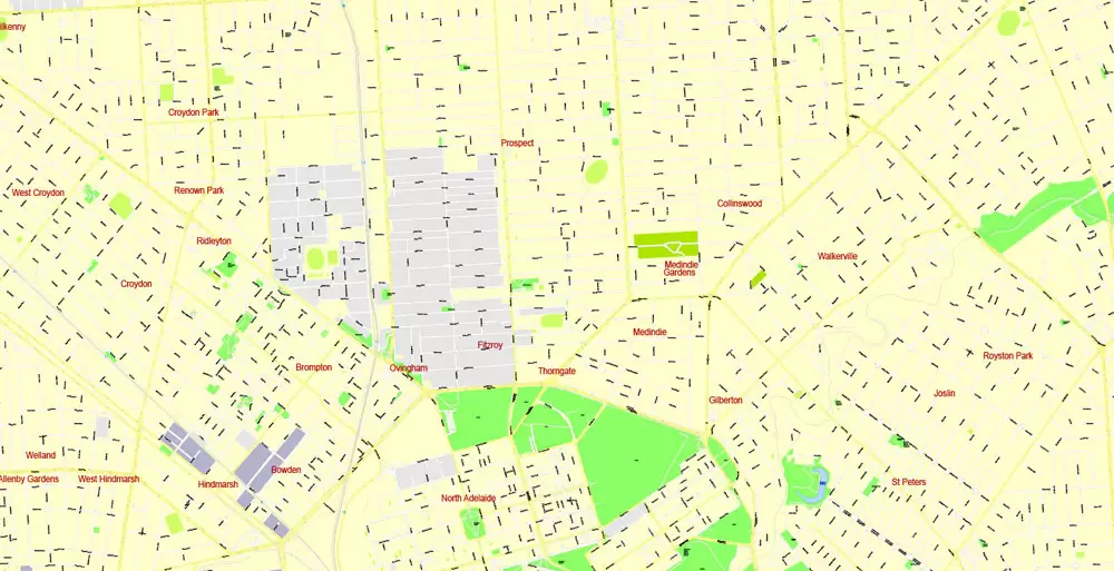 Adelaide, Australia, Printable vector street map, V3.11, fully editable, Adobe Illustrator, Level 17, G-View, full vector, scalable, editable, text format of street names, 13 Mb ZIP.