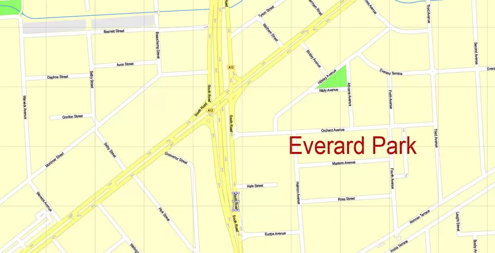 Adelaide, Australia, Printable vector street map, V3.11, fully editable, Adobe Illustrator, Level 17, G-View, full vector, scalable, editable, text format of street names, 13 Mb ZIP.